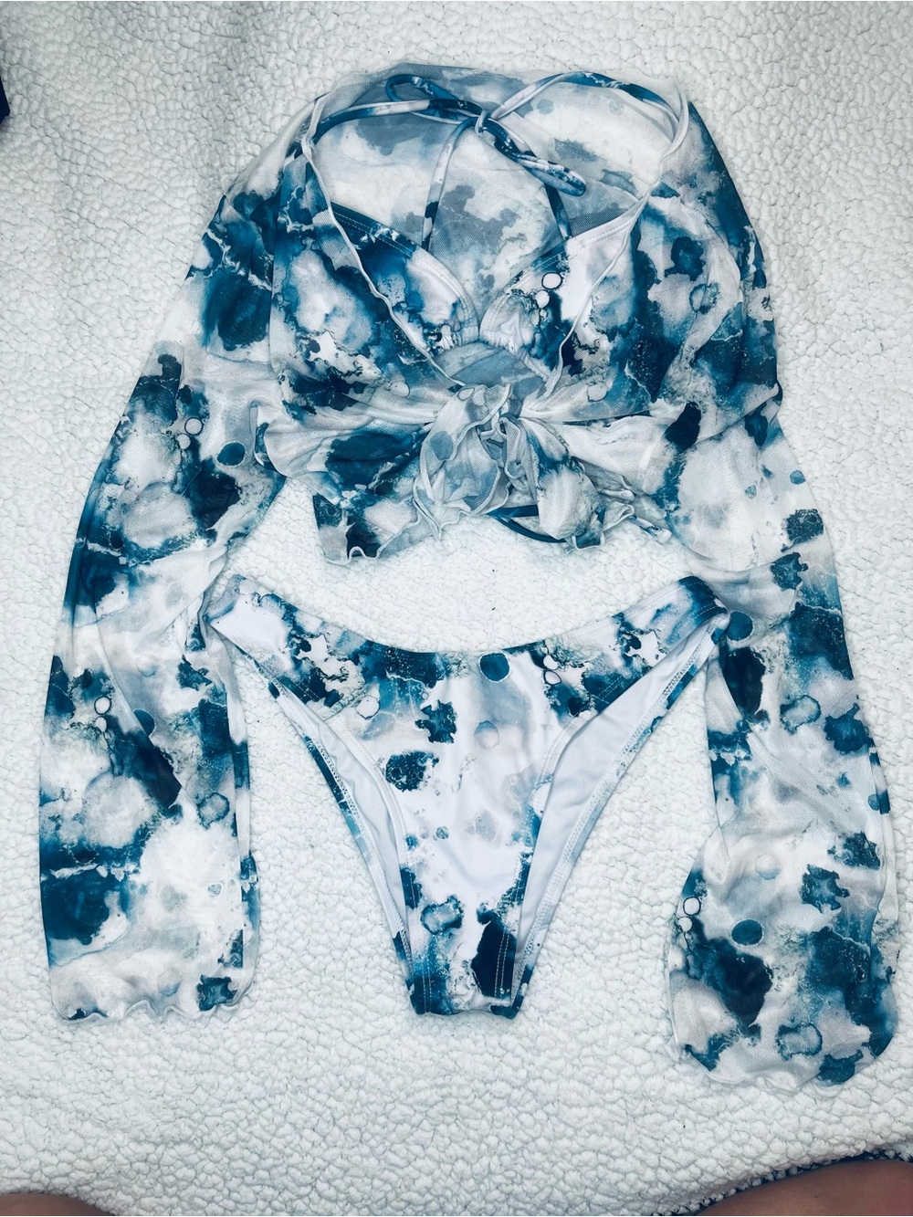 Tie-Dye Marble Print Triangle Bikini Set in Blue and White with top cover up